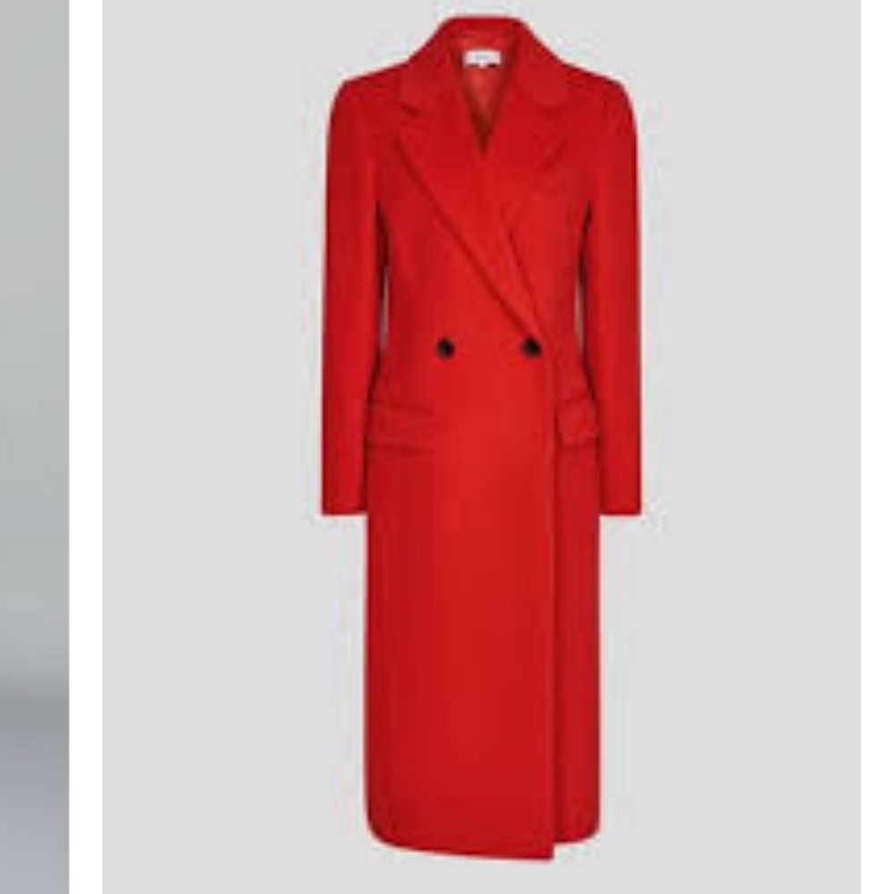 Reiss Double-Breasted Long Red Wool Coat